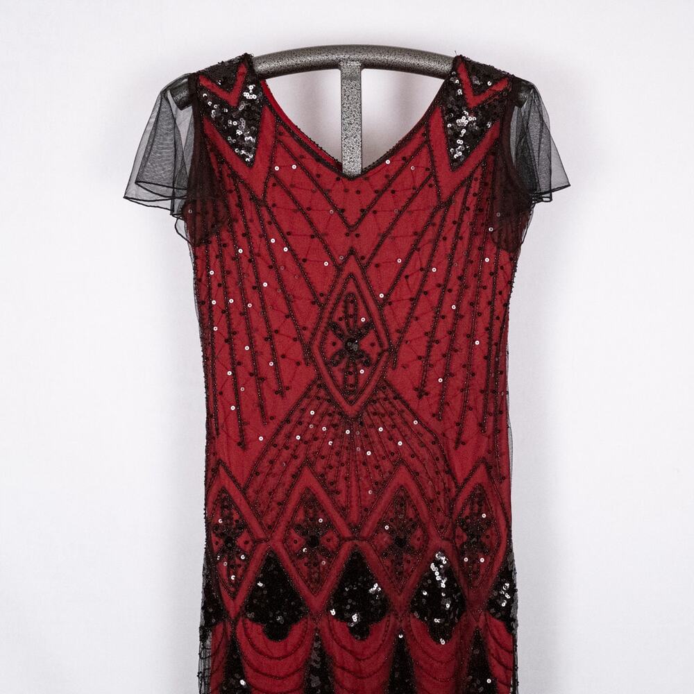 Whimsigoth Dark Fairy Maxi Dress MEDIUM Red Black Netting Beaded Sequins Sheer - Picture 4 of 8